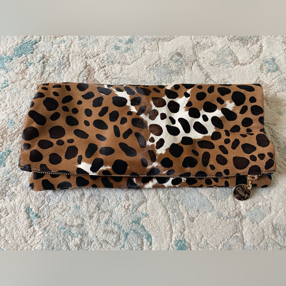 Clare V fold over pony hair leopard clutch